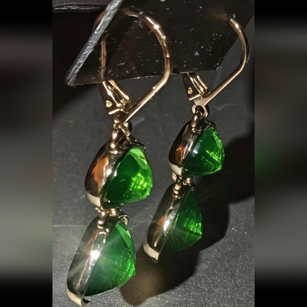ANNE KLEIN Emerald Green Double Teardrop Luxury Pierced Earrings w STUNNING Gold